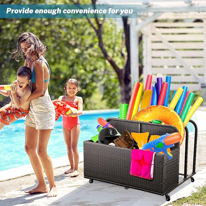 Garvee Patio Poolside Float Storage Basket with Wheels, Outdoor Wicker Poolside Float Storage, Pool Storage Organizer, PE Rattan Outdoor Rolling Pool Caddy for Floaties, Life Vests, Beach Balls, Toys