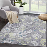 Garvee Washable Floral Area Rug 5x7 - Modern Botanical Design, Non-Slip TPR Backing, Low Pile Polyester, Easy Care, Grey/Multi - Gray
