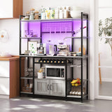 Garvee 55" Bakers Rack with Power Outlet and LED Light, 5-Tier Kitchen Microwave Stand Coffee Bar with Storage, 10 Hooks, Wire Basket, Metal Grid, Wine Rack, Goblet Holder, Grey - Grey