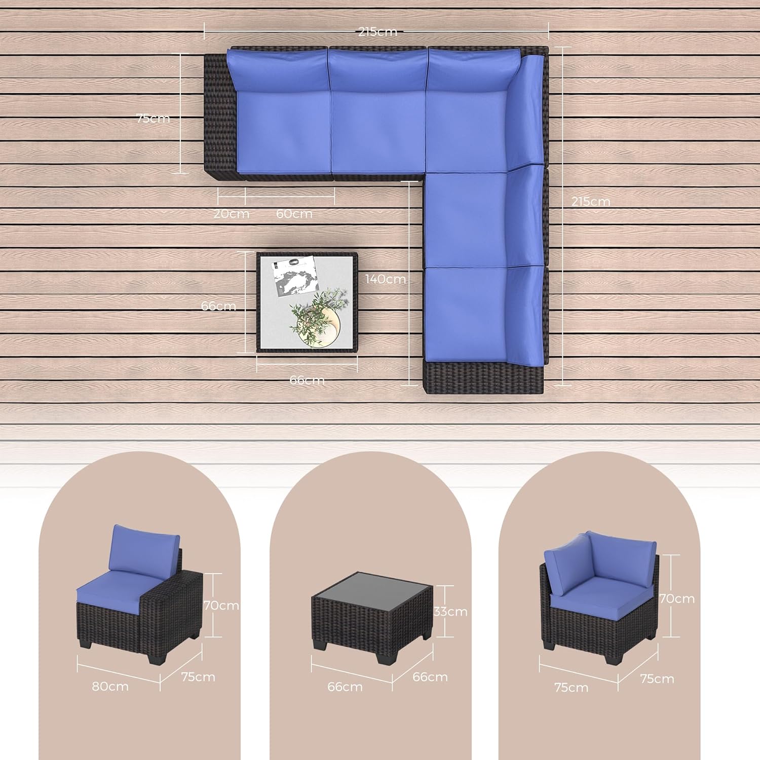 Garvee 6-Piece Outdoor Patio Sofa Set – All-Weather PE Rattan Wicker – Modular Conversation Furniture with Thick Cushions & Coffee Table – Garden, Poolside, Balcony, Coffee & Blue