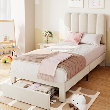 Garvee Twin Bed Frame With Under-bed Drawer, White velvet Upholstered Platform Bed with Wave Headboard for Kids / Girls, Wooden Slats Support, No Box Spring Needed, Beige