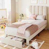 Garvee Twin Bed Frame With Under-bed Drawer, White velvet Upholstered Platform Bed with Wave Headboard for Kids / Girls, Wooden Slats Support, No Box Spring Needed, Beige