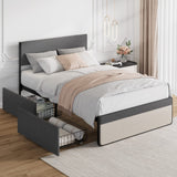 Garvee Full Size Upholstered Bed Frame with 2 Storage Drawers, Steel Slats, Linen Fabric, Noise-Free, Ideal for Small Rooms - Gray