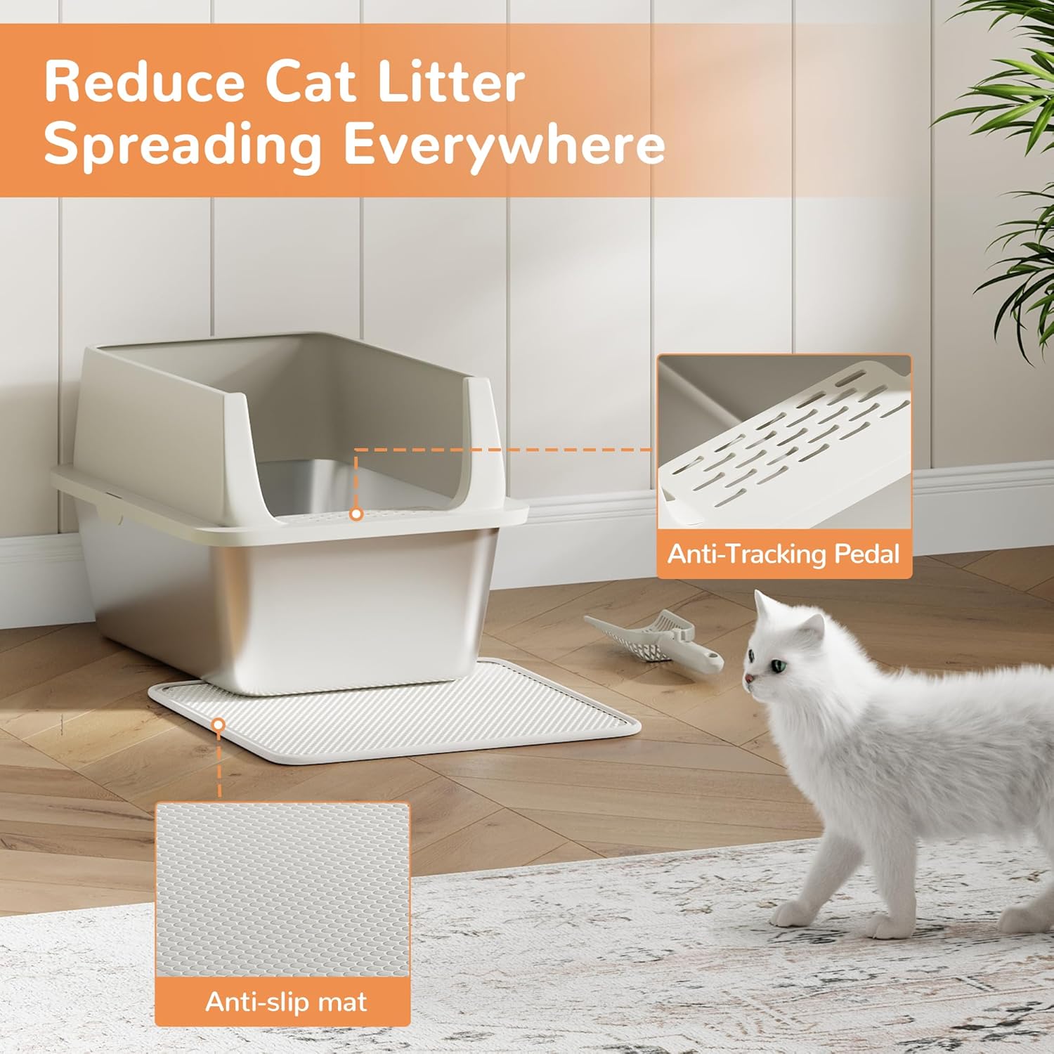 Garvee Extra Large Stainless Steel Litter Box, XLarge Open Cat Litter Box with High Sided Enclosure & Scoop & Litter Mat, Odor Free, Anti-Leakage, Metal Cat Box for Big Cats, 14"H