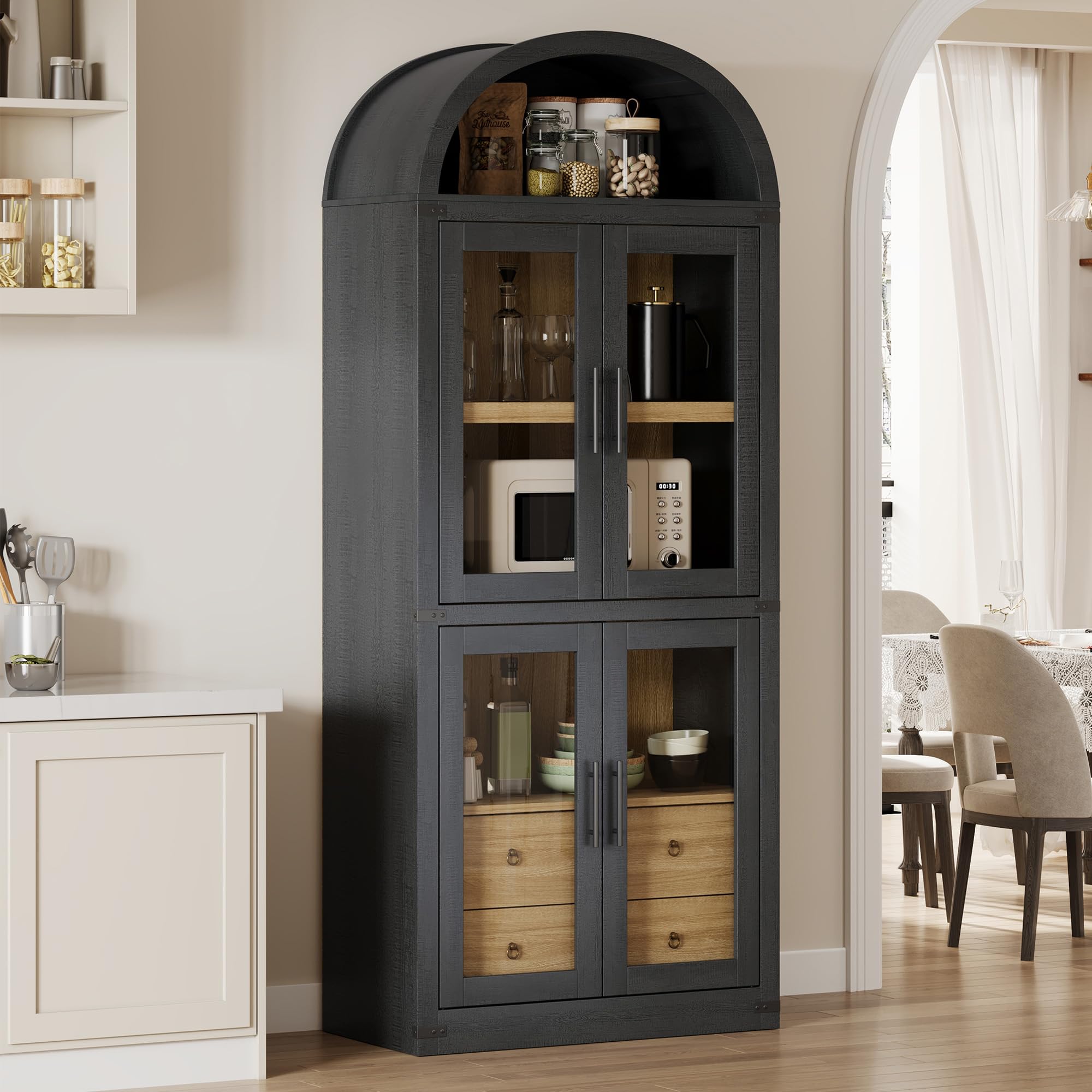 YITAHOME 71-inch Arched Kitchen Pantry Cabinet With Glass Doors & Drawer - Modern Farmhouse Storage Cupboard For Dining Or Living Room