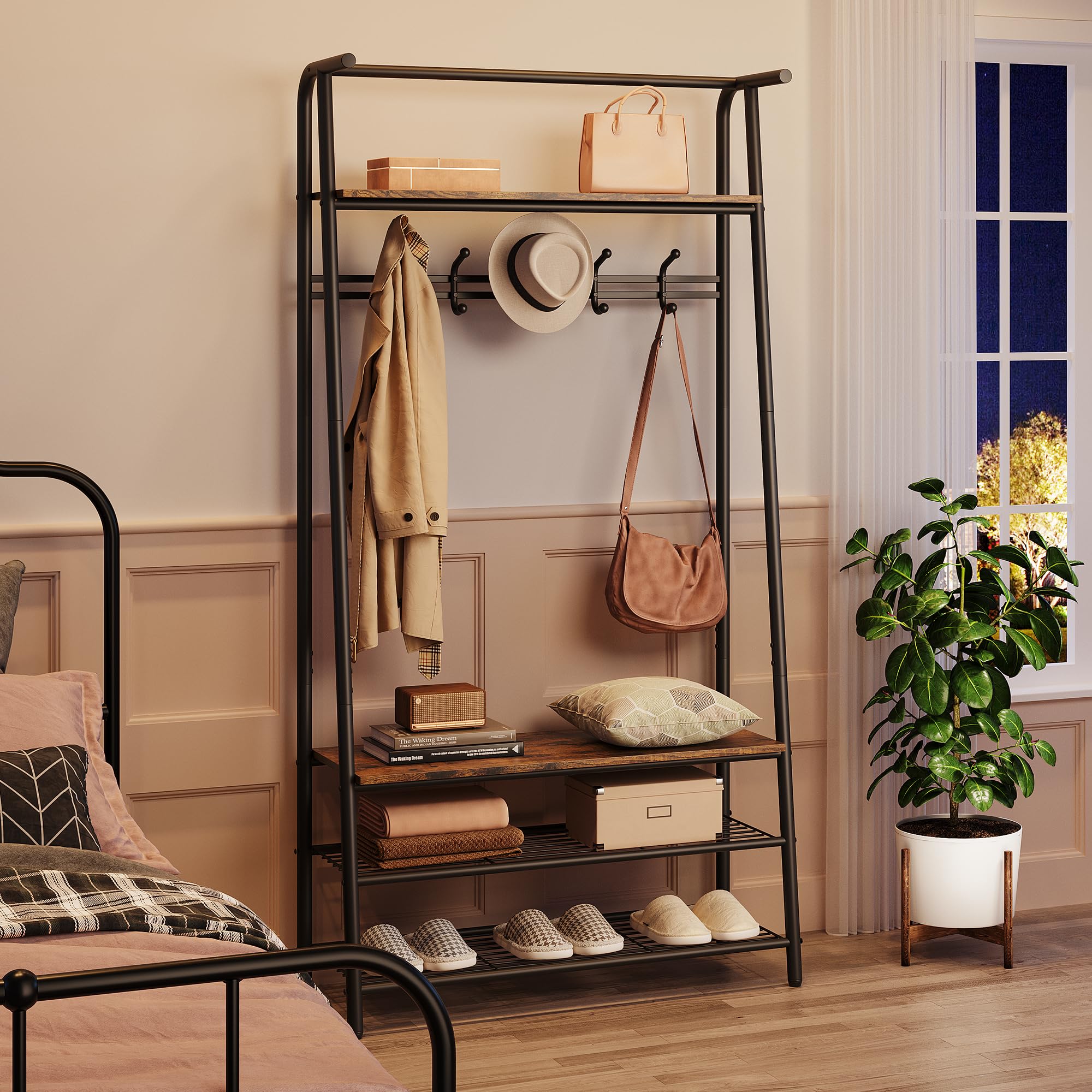 GARVEE 4-in-1 Hall Tree Coat Rack Shoe Bench - Versatile Entryway