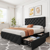 Garvee Full Size Bed Frame with 4 Storage Drawers, Linen Upholstered Platform Bed Frame with Adjustable Headboard, Diamond Stitched Button Tufted, No Box Spring Needed, Black - Black(YS188-40)