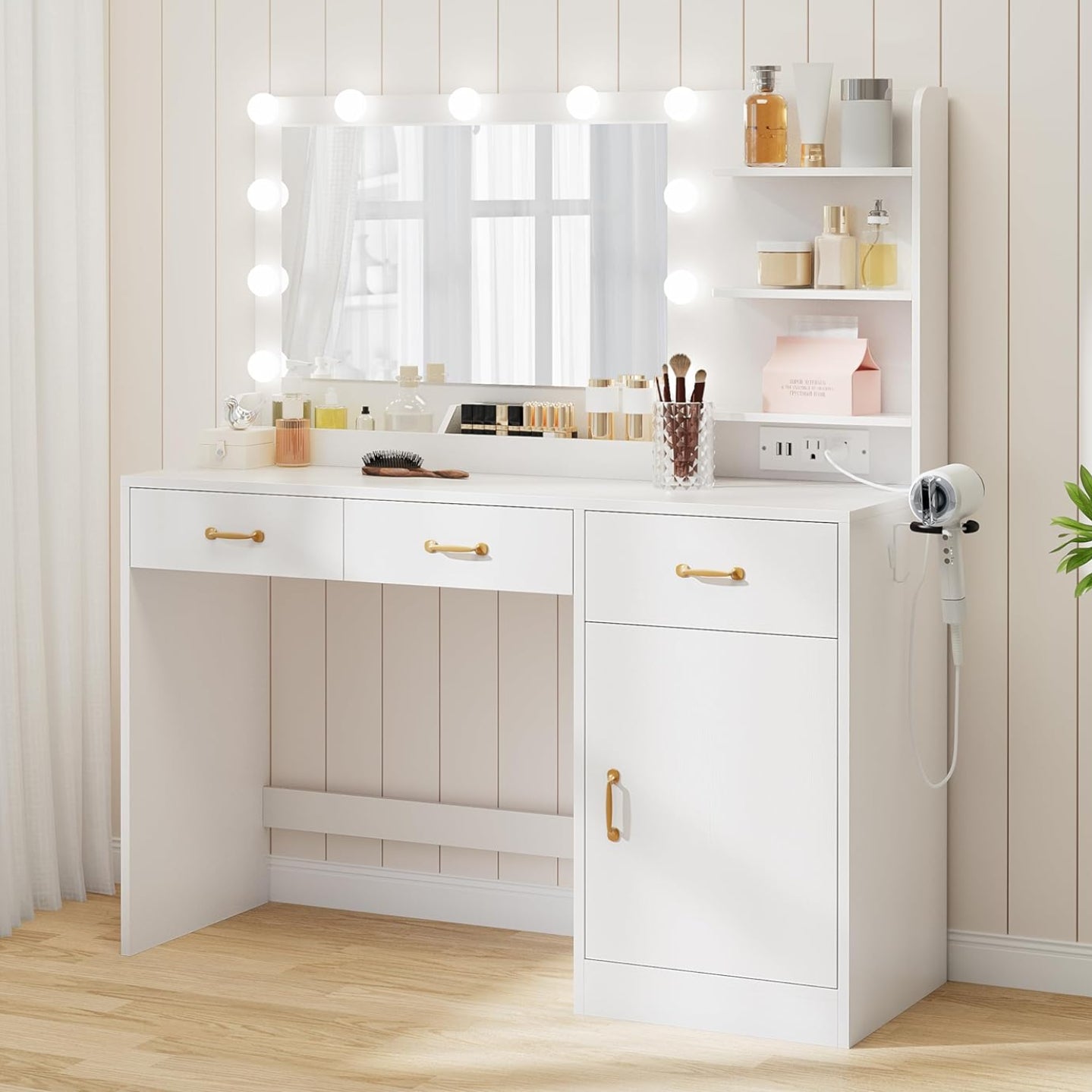 Garvee Modern Makeup Vanity Desk with Lighted Mirror, Charging Station, 3 Drawers, Cabinet, Open Shelves, Upholstered Stool – Wooden Bedroom Dressing Table with USB Outlets for Women & Teens, White