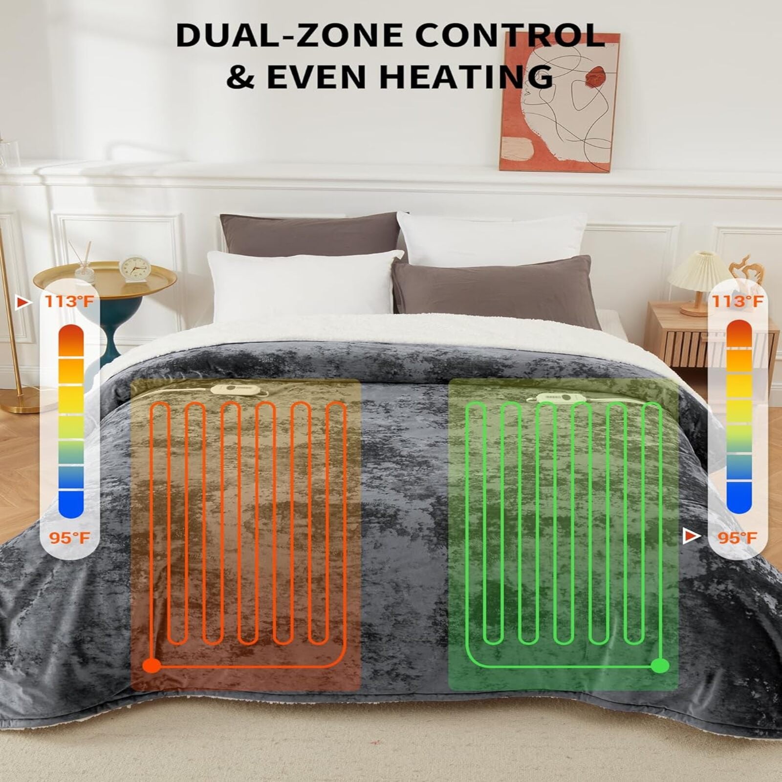 Garvee Electric Blanket King Size with Dual Controls, 4 Heat Settings & 10H Auto Off, Velvet Soft Heating Blankets, ETL Certified, Heated Blanket King Size, Machine Washable, 90"x100" Grey