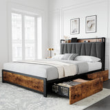 Garvee Full Size Bed Frame with Storage Linen Upholstered Headboard, 4 Drawers Platform Bed Frame with Charging Station, No Box Spring Needed, Easy Assembly(Vintage Brown) - Vintage Brown