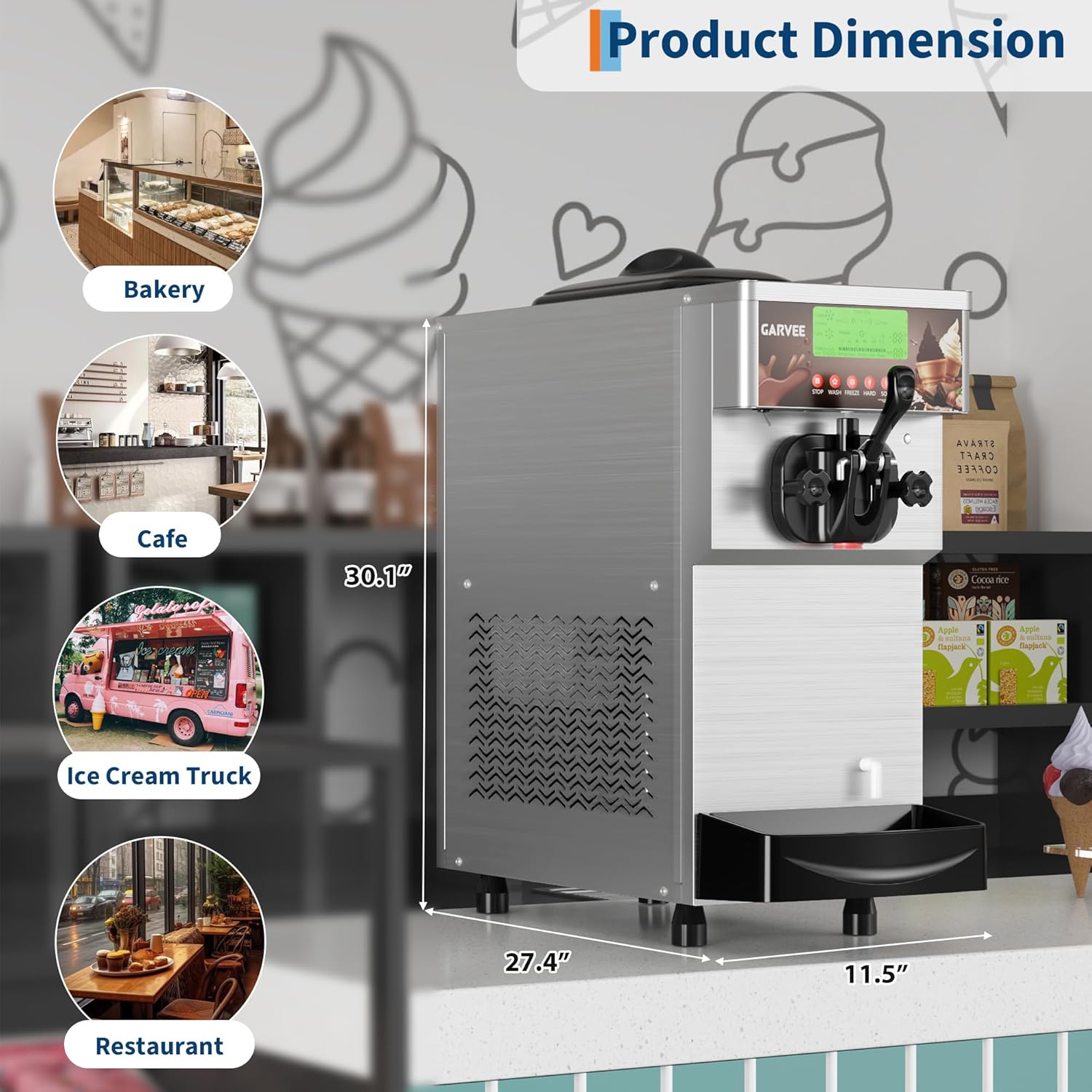 Garvee 1400W Single Flavor Commercial Soft Ice Cream Maker, 2.8-5.3 Gal/Hr Soft Serve Ice Cream Machine with 5-Inch Display, Easy to Operate, Self-Cleaning, High Productivity for Restaurant Snack Bar, 115V