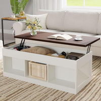 Garvee Farmhouse Lift Top Coffee Table with Storage, 2-in-1 Coffee Table with Hidden Compartment & Open Shelf, Rising Top Center Tables for Living Room, Home Office, Brown & White
