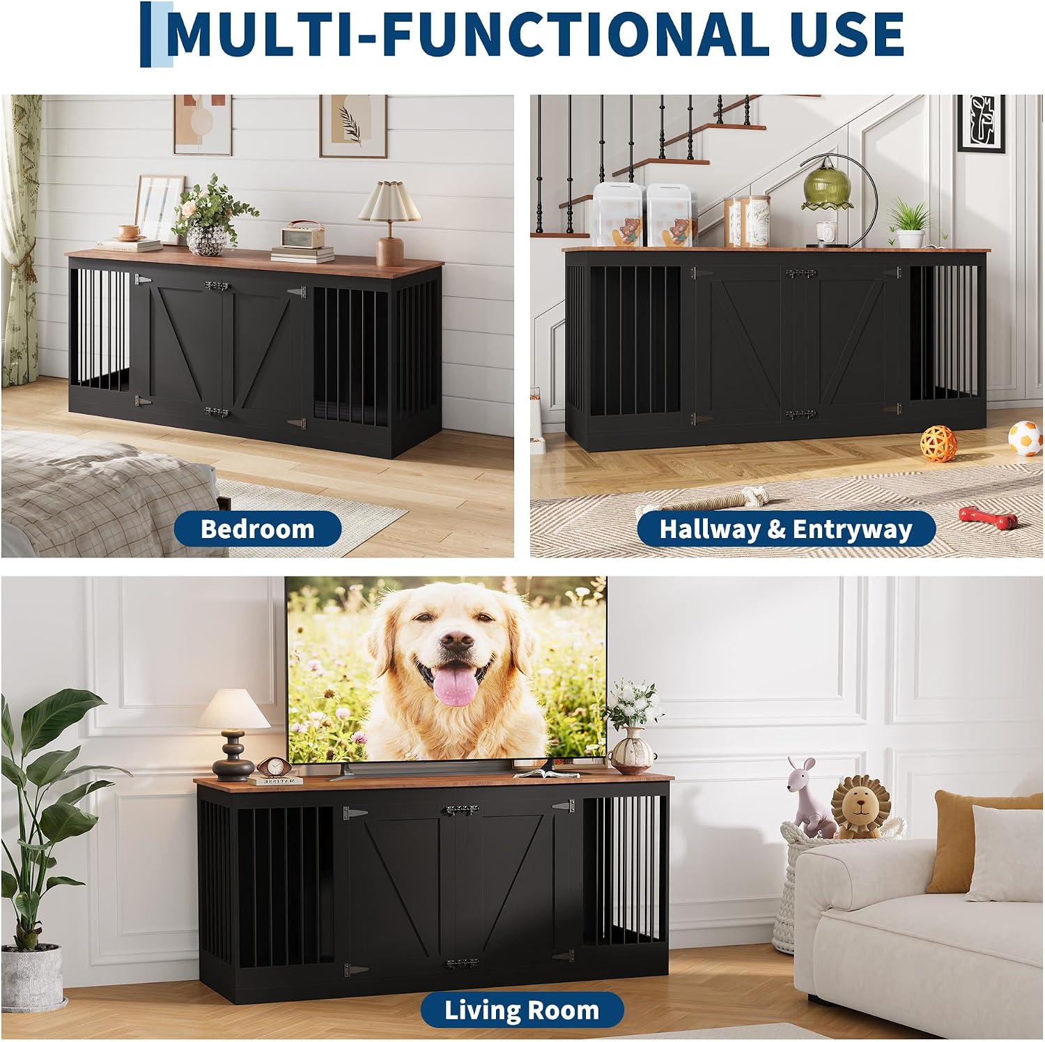 Garvee Large Dog Crate Furniture, 70.8" Wooden Dog Kennel TV Stand for 2 Dogs
