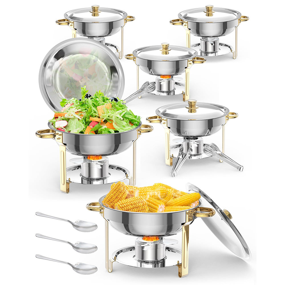 Garvee Chafing Dish for Buffet 6 Pack, 5QT Round Chafing Dishes Buffet Set w/Lid Holder, Stainless Steel Chafers and Food Warmers with Spoon and Tweezers for Parties, Weddings, Events, Banquet, Gold