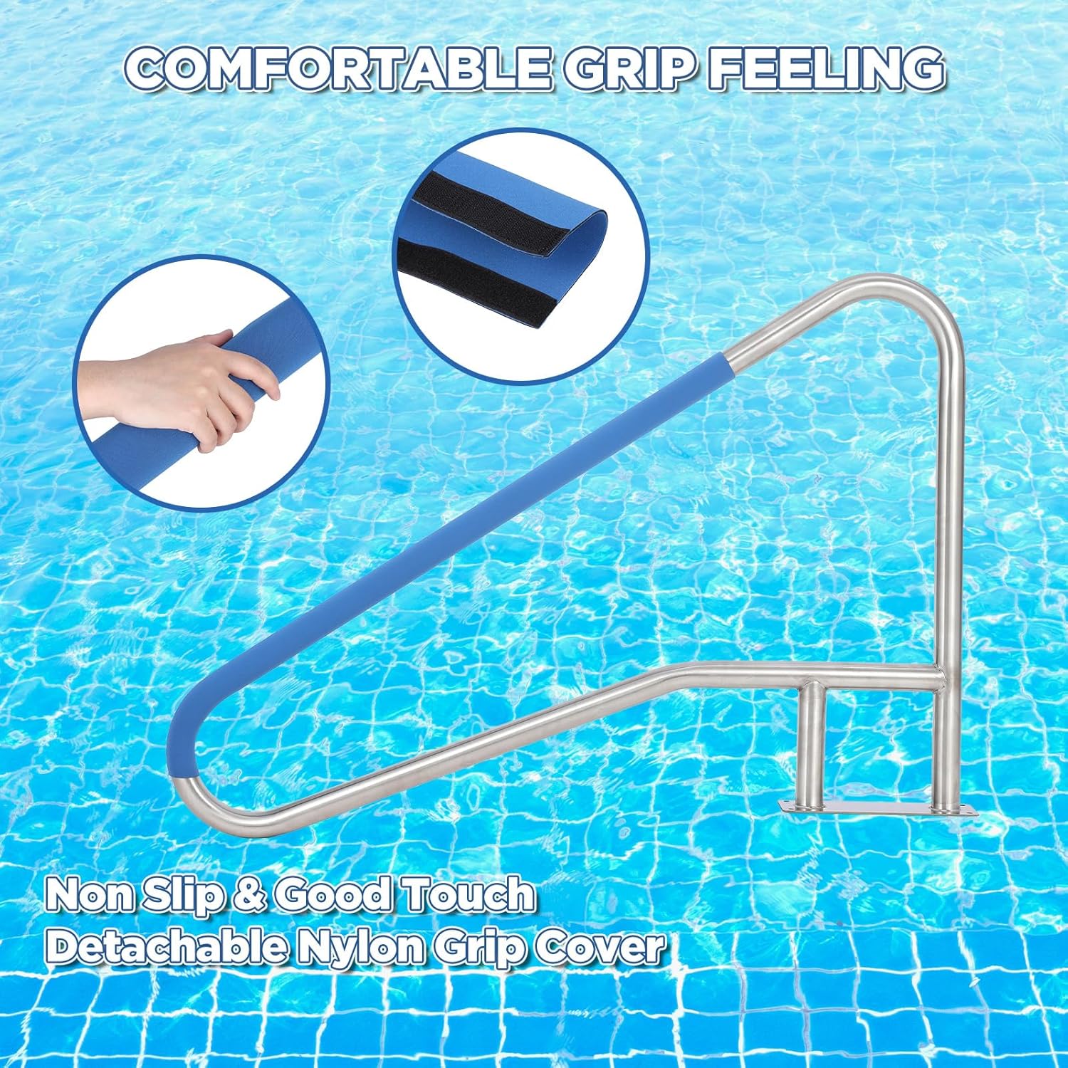 Garvee Pool Handrail 54x36 Pool Rail 304 Stainless Steel Silver Rustproof Pool Stair Rail with Blue Grip Cover Humanized Swimming Pool Railing, Quick Mount Accessories for Pools and Spas