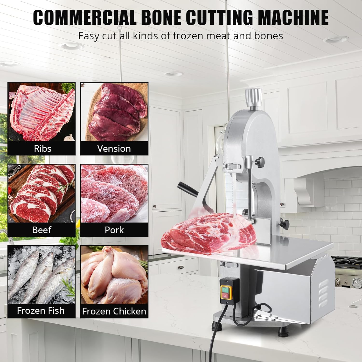Garvee Meat Cutter Machine, 110V 1500W Electric Bone Saw, 19.3" x 15" Workbeach, 0.16-7.9 Inch Cutting Thickness, Sawing Speed 19m/s, 2.01HP Butcher Bandsaw With 5 Saw Blades for Fish Beef