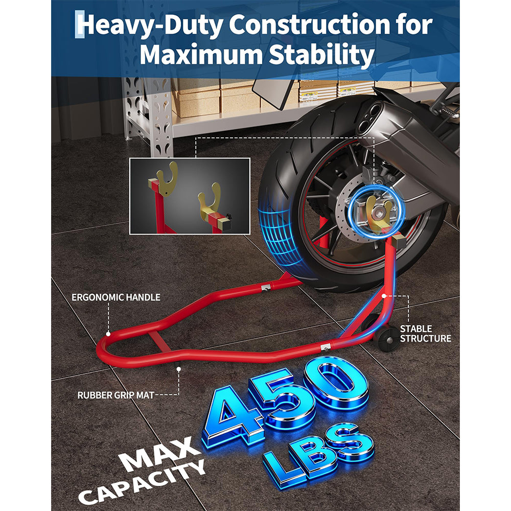 Garvee Motorcycle Stand Lift 450LBS Capacity Front Rear Wheels Lift with U+L Adjustable Swingarm Spool for Maintenance and Repairs, Red