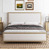 Garvee Queen Size Metal Bed Frame with Linen Upholstered Headboard, Wood Grain, Rivet Design, No Box Spring Needed, Vintage, Natural - Natural