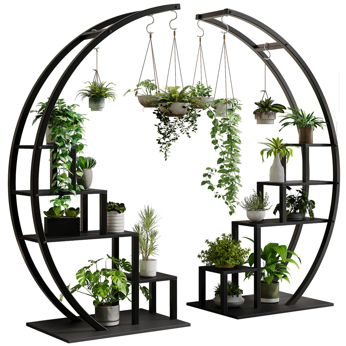 5 Tier Tall Plant Stand Curved Metal Plant Stand with 6 Hooks for Room Patio Balcony Black