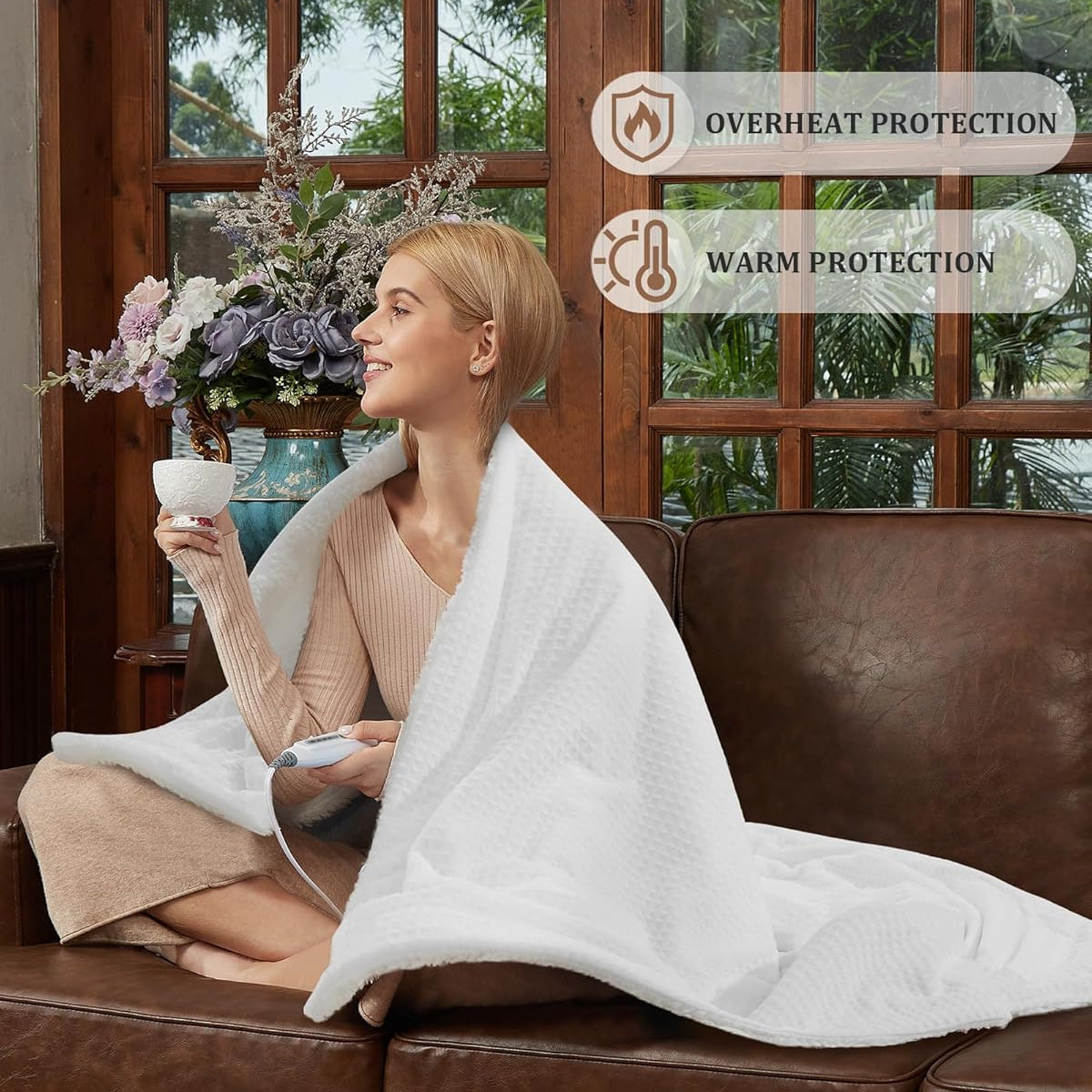 Garvee Electric Heated Throw Blanket, Waffle Textured Heating Blanket, Plush Flannel & Sherpa for Sofa, 4 Heat Levels, 4-Hour Auto Shut Off, Machine Washable, 50" x 60", White