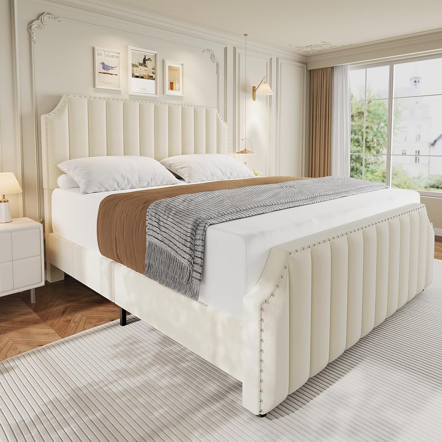 Garvee King Size Platform Bed Frame with 50.2" Headboard, Velvet Upholstered Bed Frame King with Vertical Channel Tufted Headboard & Footboard, Nailhead Trim, No Box Spring Needed, Cream