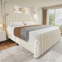 Garvee King Size Platform Bed Frame with 50.2" Headboard, Velvet Upholstered Bed Frame King with Vertical Channel Tufted Headboard & Footboard, Nailhead Trim, No Box Spring Needed, Cream