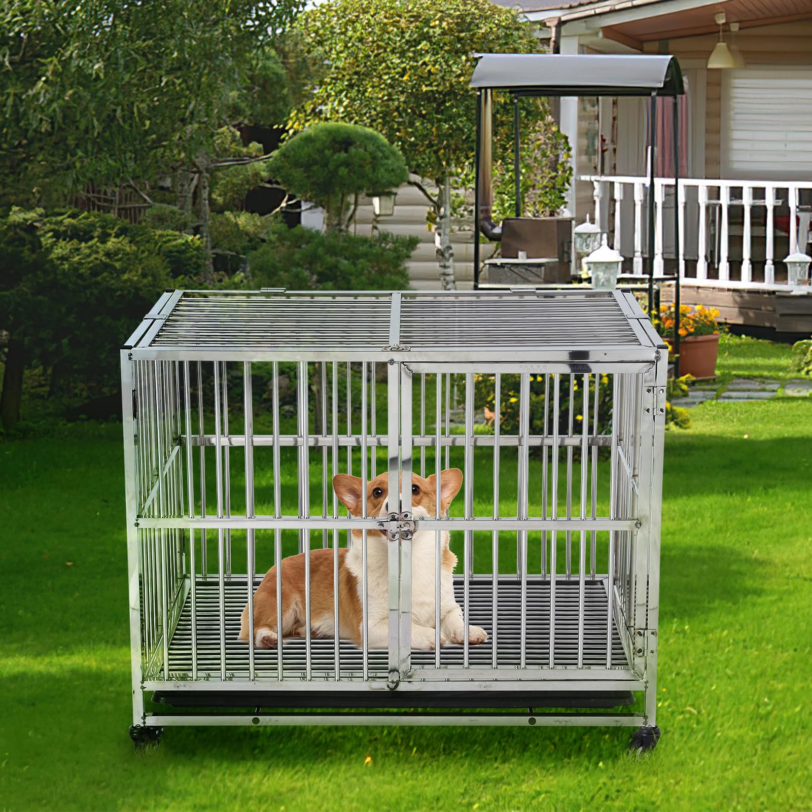 38 Inch Heavy Duty Stainless Steel Dog Crate with Wheels & Tray