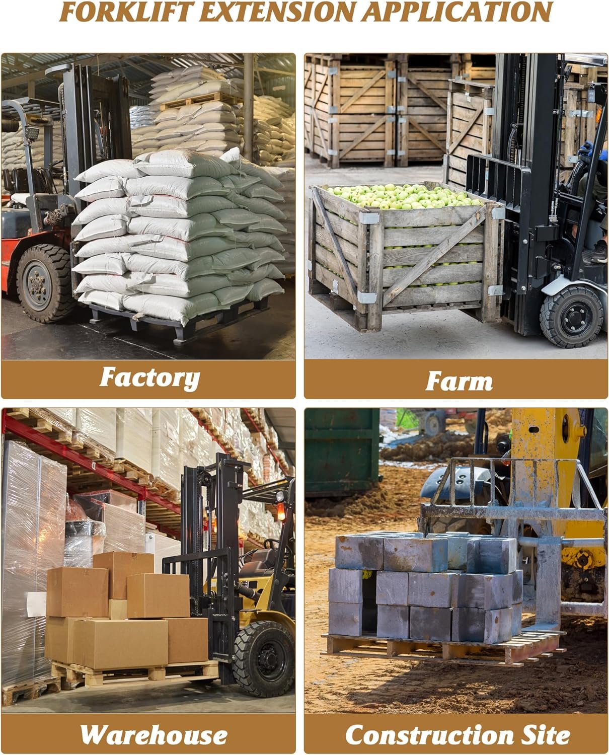 GARVEE forklift pallet extensions used in factory farm warehouse and construction site material handling