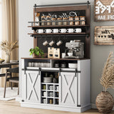 Garvee Farmhouse Coffee Bar Cabinet with Blackboard & Sliding Barn Door, MDF Wood & Metal, 75" Tall, Ample Storage, Dining Room - Brown + White