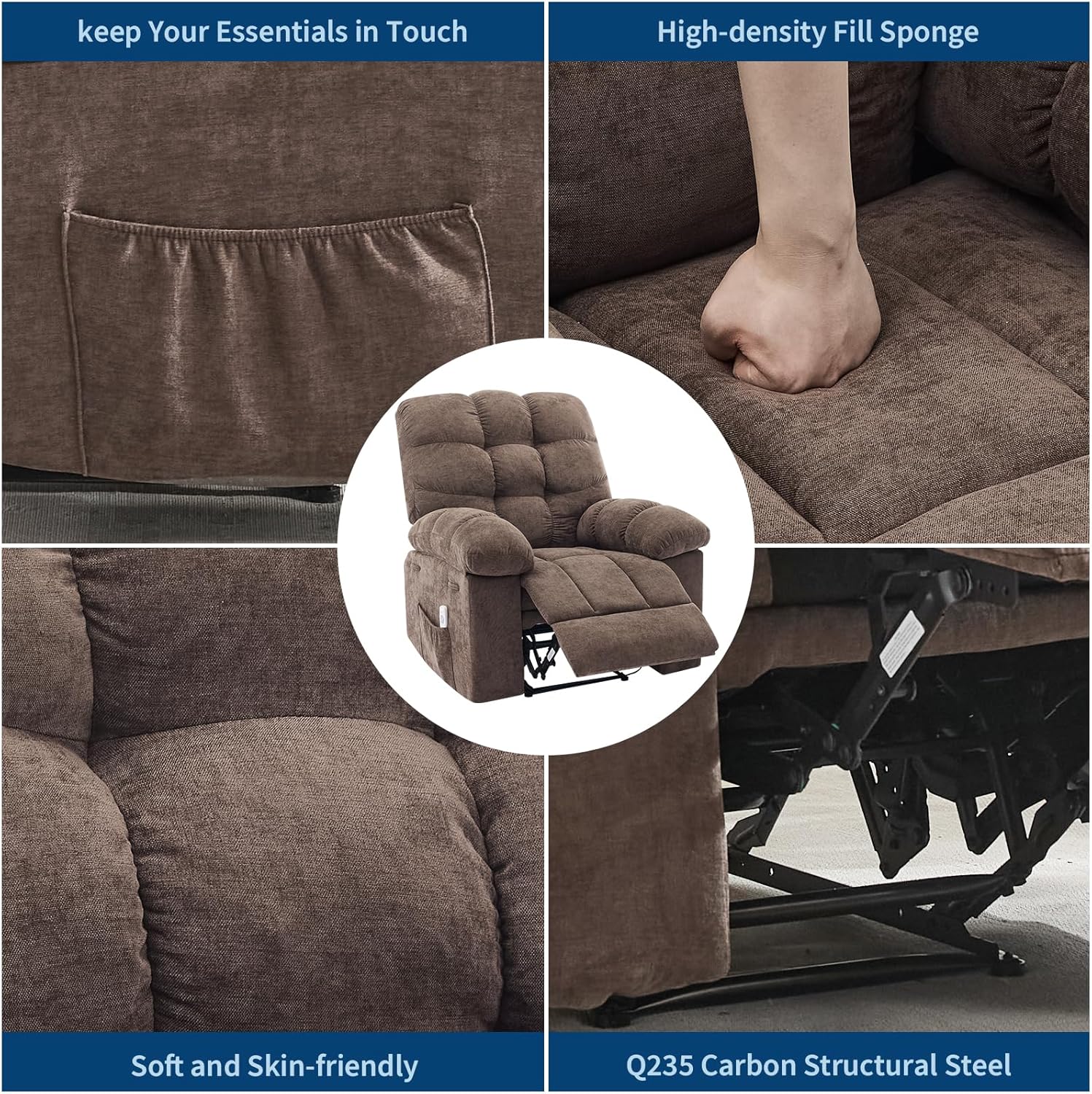 Garvee Recliner Chair with Massage and Heat, Single Sofa Wide Rocker Chair, Heat Ergonomic Overstuffed Breathable Fabric Reclining Chair with 2 Side Pockets, Remote Control, Living Room, Coffee