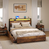 Garvee Full Size Bed Frame with 4 Storage Drawers & Headboard Metal Platform Bed with LED Lights USB Ports & Outlets Non-Slip Strong No Box Spring Needed - brown