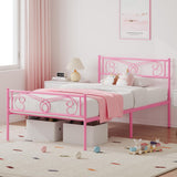 Garvee Pink Twin Bed Frame with Headboard and Footboard for Girls, Twin Size Bed Metal Platform with Steel Slat Support, Mattress Foundation with Storage, No Box Spring Needed, Easy Assembly - Pink