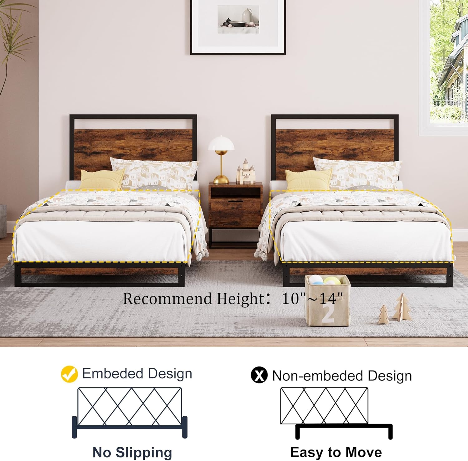 Garvee 6 Inch Twin Bed Frame with Headboard and Footboard, Heavy Duty Slats Support with Under Bed Storage, Non-Slip, Easy Assembly, Rustic Brown