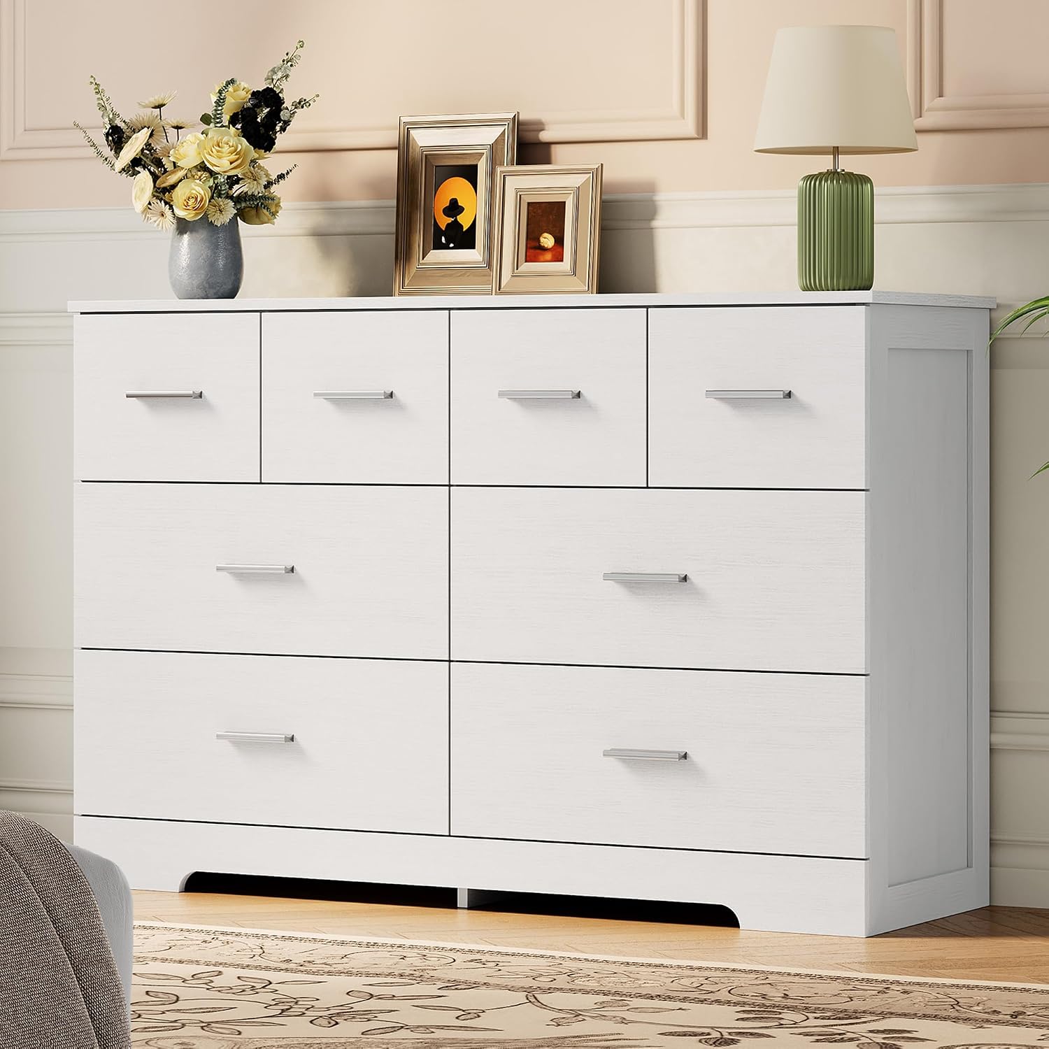 Garvee Modern Bedroom Dresser, 8-Drawer Chest of Drawers - Wood Storage Cabinet with Metal Handles - Organizer for Bedroom, Living Room or Entryway - White
