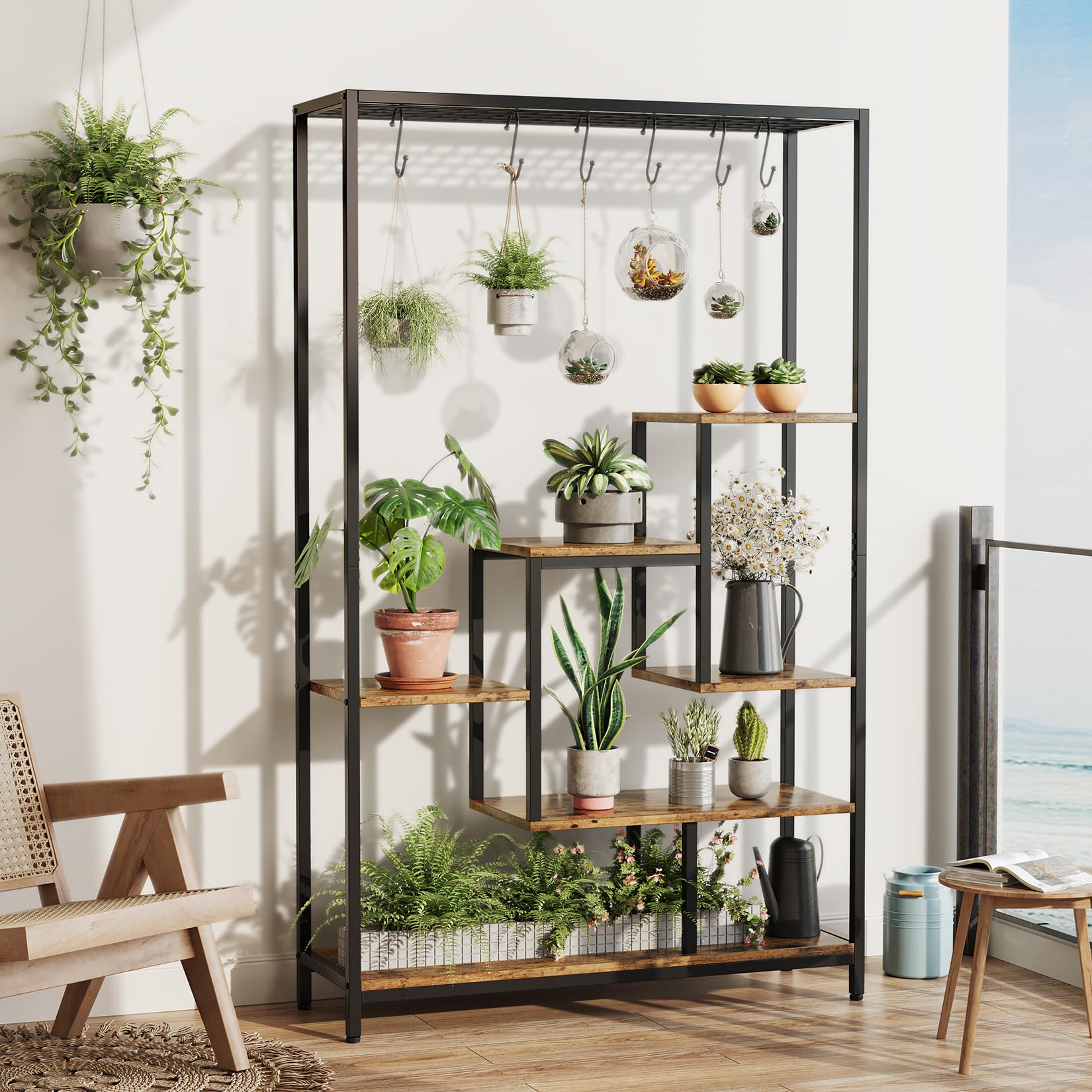 plant display stands indoor Garvee Indoor Plant Stand 5-Tier Tall 70.9", Large Metal Plant Shelf with Hanging Hooks, Multi-Purpose Display Rack, Flower Bonsai Pots Organizer for