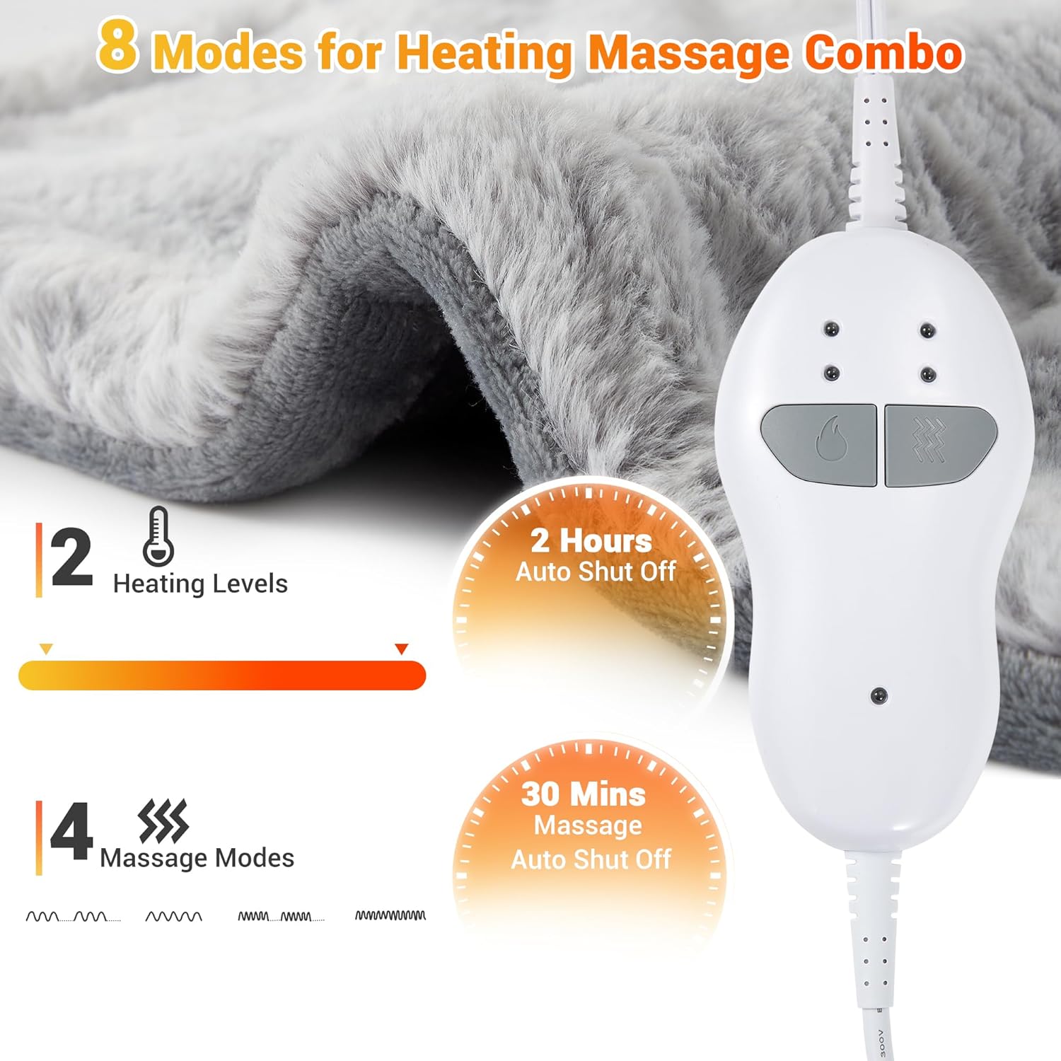 Garvee Massaging Heating Pad for Neck, Shoulders & Back, 24" x 35" Large Electric Heating Pad for Back Pain Relief with 3 Heat Levels, 4 Massage Settings, 2H Auto Shut-Off, 4 Massage Motors, Grey