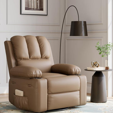 Garvee 22" Massage Recliner Chair for Adults, Lounge Recliner with Vibrating Massage, PU Leather Recliner with Cup Holders and Side Pockets, for Living Room, Bedroom, and Nursery, Tan