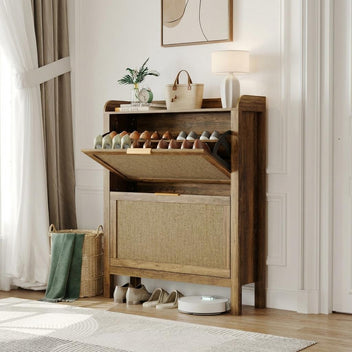 Garvee Farmhouse Rattan Shoe Storage Cabinet with 2 Flip Drawers, Wooden Legs, Narrow Brown Shoe Rack for Entryway