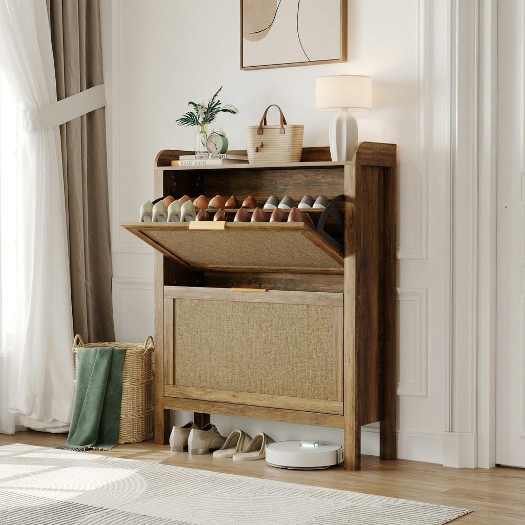 Garvee Farmhouse Rattan Shoe Storage Cabinet with 2 Flip Drawers, Wooden Legs, Narrow Brown Shoe Rack for Entryway