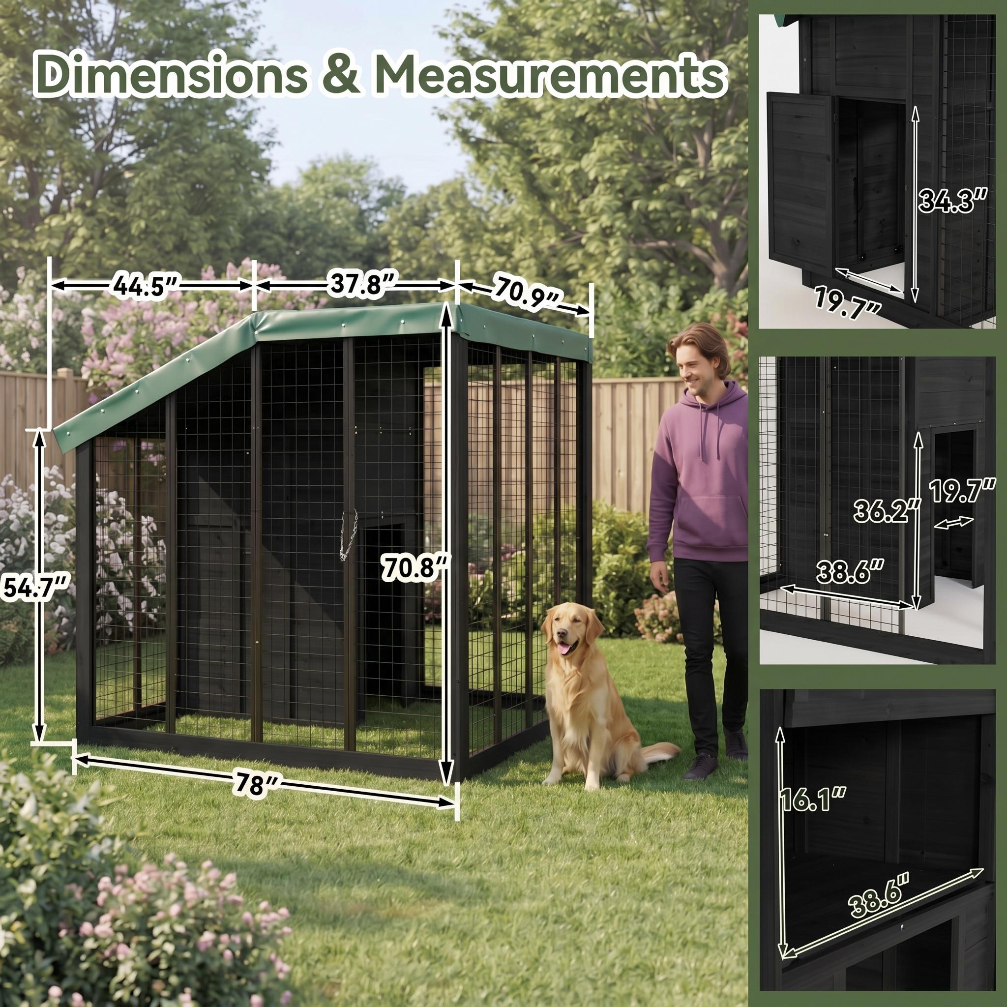 Black outdoor dog kennel dimension diagram showing the 7 × 6 × 6 ft structure and key enclosure measurements