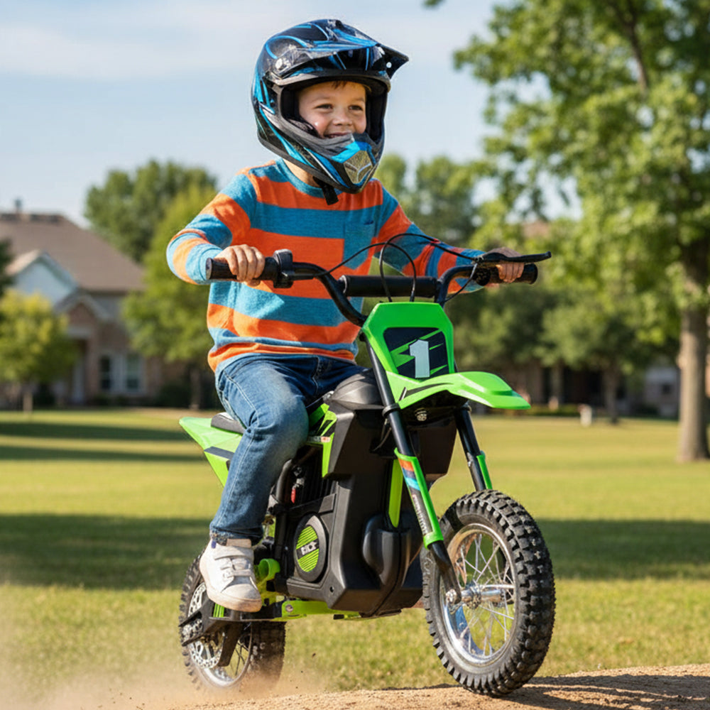 Garvee Ride - T Series: 24V Kids Electric Dirt Motorcycle for Kids Ages 13+, 250W Electric Off-Road Motorcycle,Up to 13.6MPH, Twist Grip Throttle,Metal Suspension,Air-Filled Tires,Leather Seat - Green