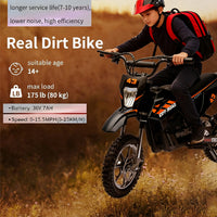 Garvee Ride - T Series: 36V Kids Electric Dirt Bike, 350W/15.5MPH Brushless Motor, LED, Comfortable Leather Seat, 175lbs Max Load Capacity- Black