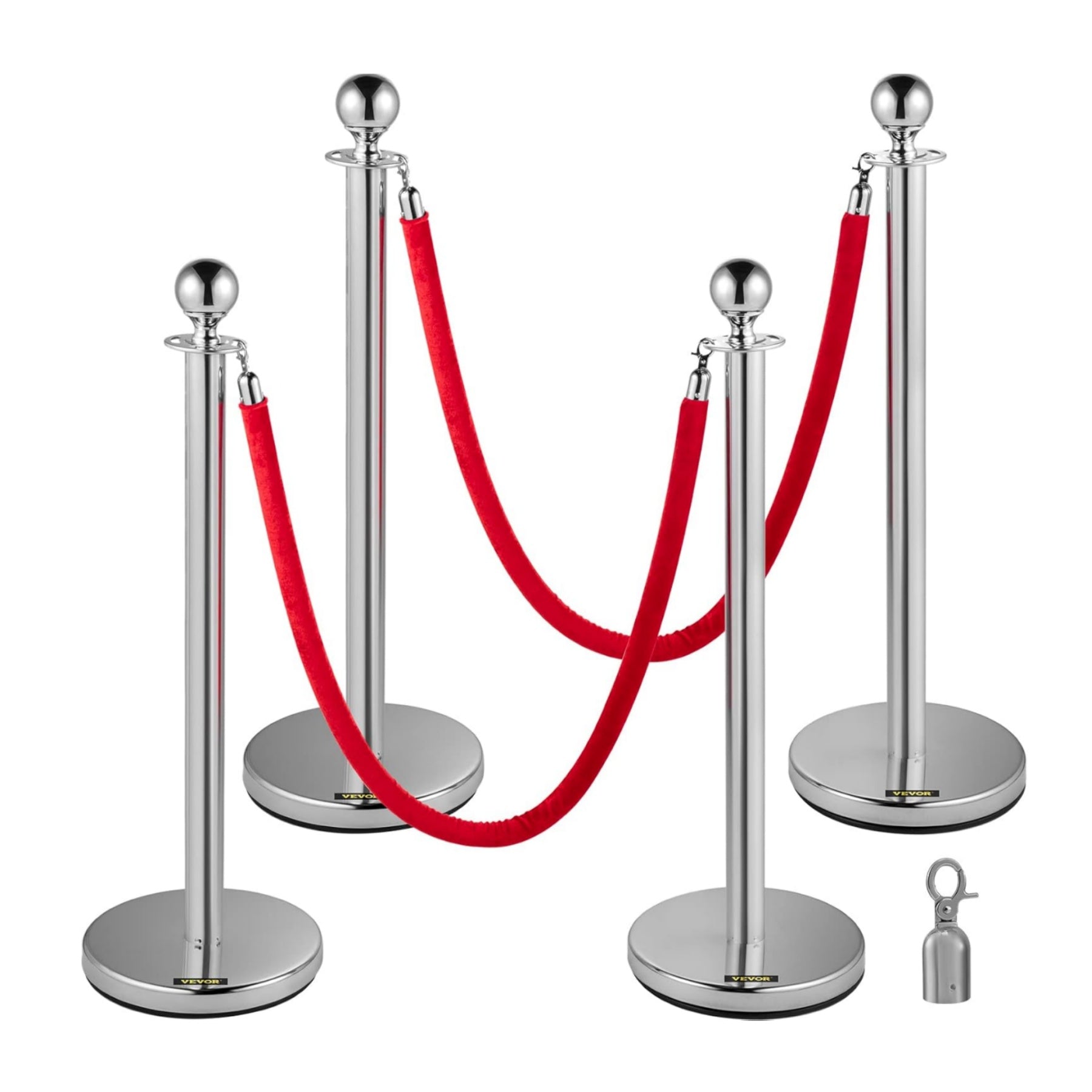 Garvee 4 Pcs Silver Stanchions Posts, Stainless Steel Stanchion with 6.6ft Red Velvet Rope, Crowd Control Barriers with Ball Top and Fillable Concrete Base for Party Supplies