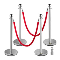 Garvee 4 Pcs Silver Stanchions Posts, Stainless Steel Stanchion with 6.6ft Red Velvet Rope, Crowd Control Barriers with Ball Top and Fillable Concrete Base for Party Supplies