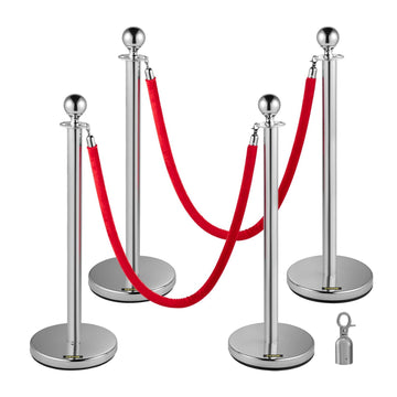 Garvee 4 Pcs Silver Stanchions Posts, Stainless Steel Stanchion with 6.6ft Red Velvet Rope, Crowd Control Barriers with Ball Top and Fillable Concrete Base for Party Supplies