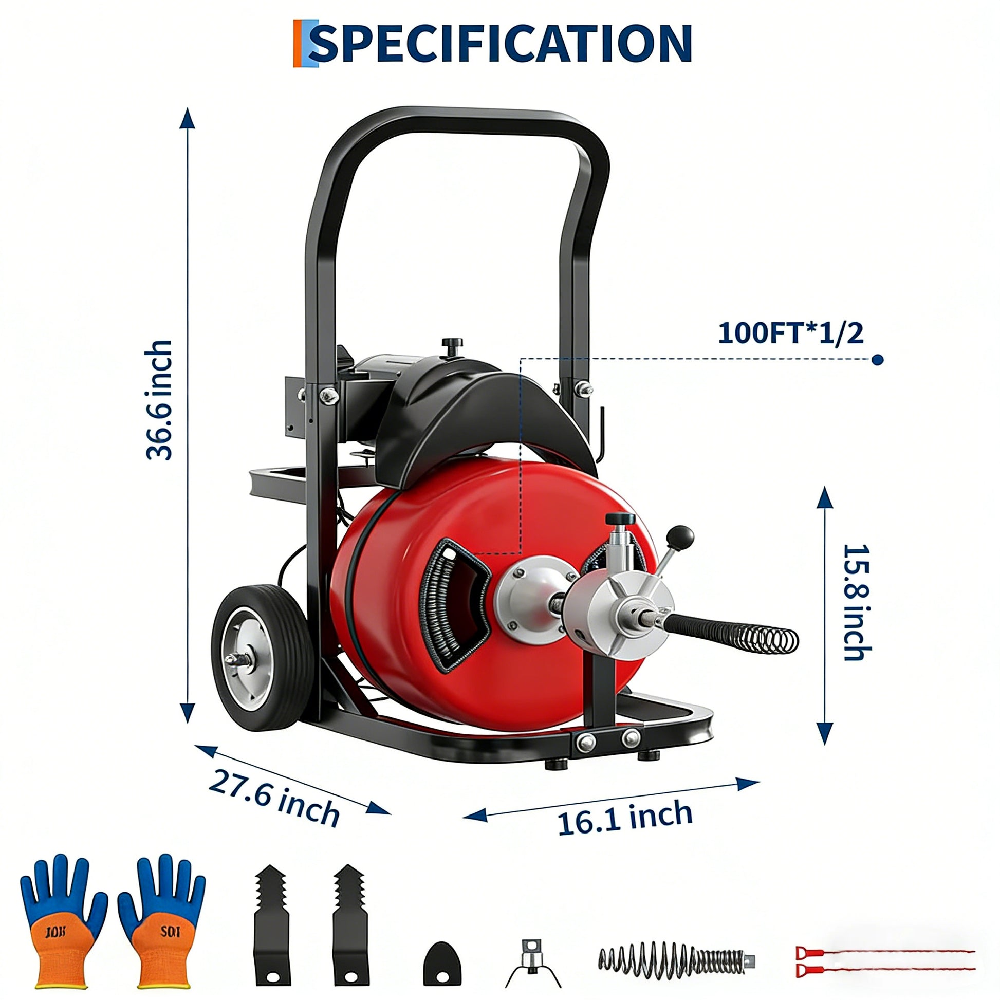 Garvee Drain Cleaner Machine 100FT x 1/2 Inch Steel Core Cable Portable 370W Electric Sewer Auger with Cutter and Air-Activated Foot Switch for Commercial and Home Use