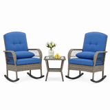 Garvee 3 pieces Outdoor Wicker Rocking Chair, PE Rattan Patio Rocker with Thick Cushions, Steel Frame, All-Weather Rocking Chair for Porch, Garden & Backyard, Blue - Blue
