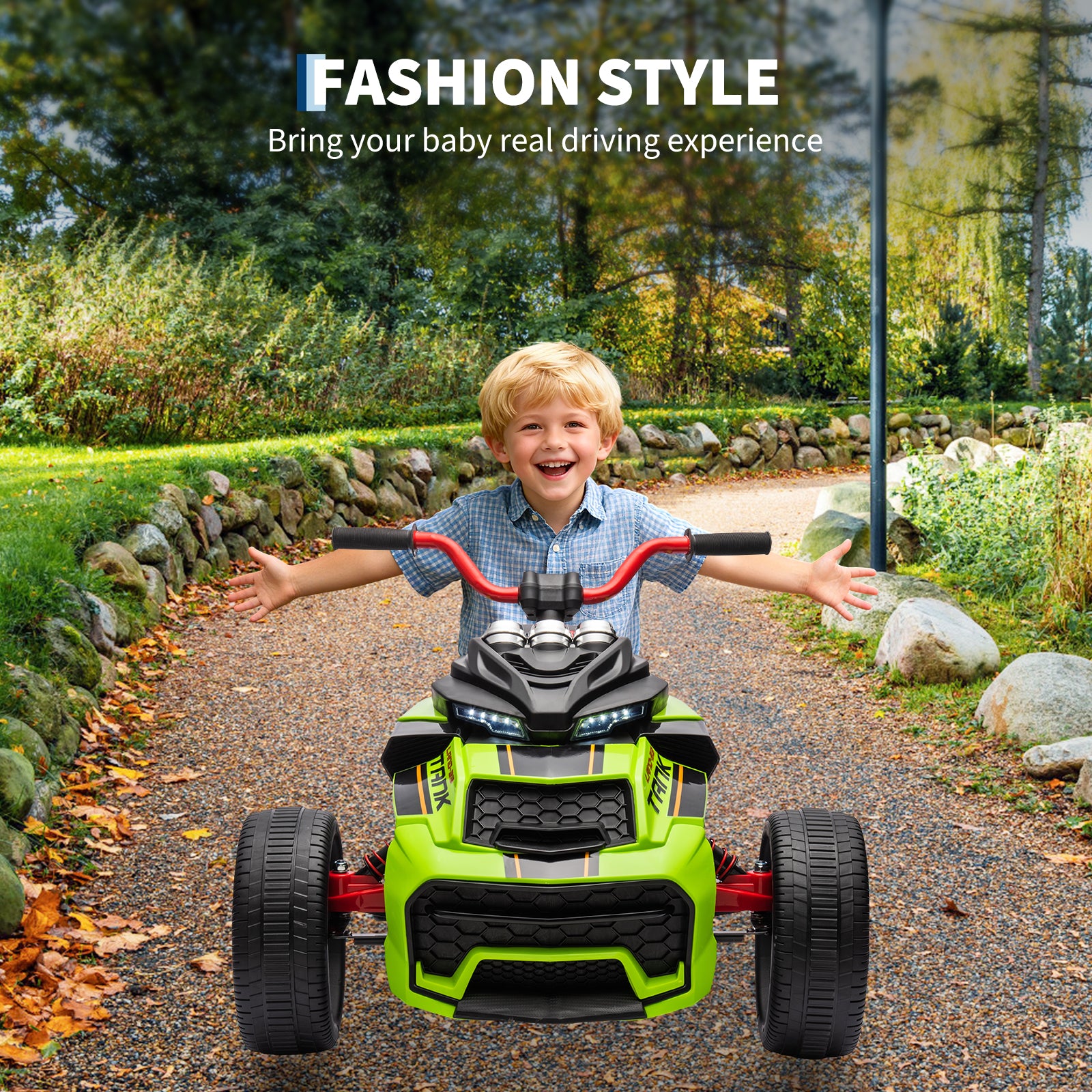 Garvee 12V Kids Ride on Toy for Kids, 2x55W Powerful Engine 7AH Battery, 3 - 7 km/H, 3 Wheelers Electric Vehicle, LED Lights, 2 Speeds, EVA Tire, Music, USB - Green