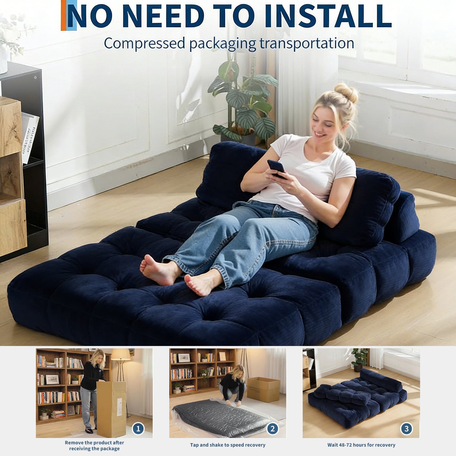Garvee Folding Sofa Bed, 3-in-1 Convertible Sleeper Chair with Pillow, Double Futon Couch Bed with Back Support, Portable Fold Out Chair Bed Comfy Floor Sofa Lounge for Living Room Bedroom, Navy Blue