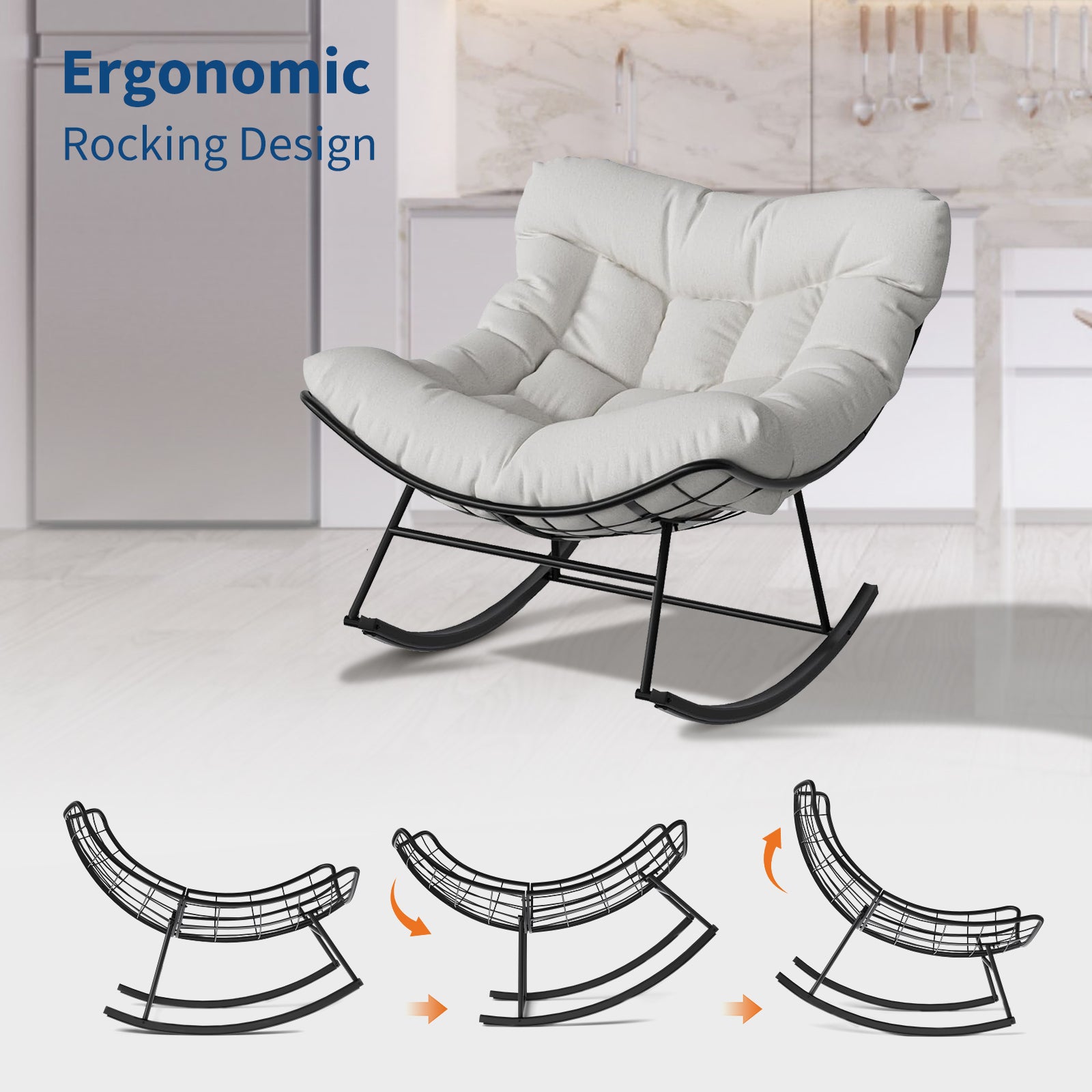 Garvee Papasan Rocking Chair with Footrest, Metal Patio Lounge Rocking Chair with Ottoman & Thick Cushion, Patio Comfy Modern Egg Rocker for Balcony Backyard Porch Bedroom, White